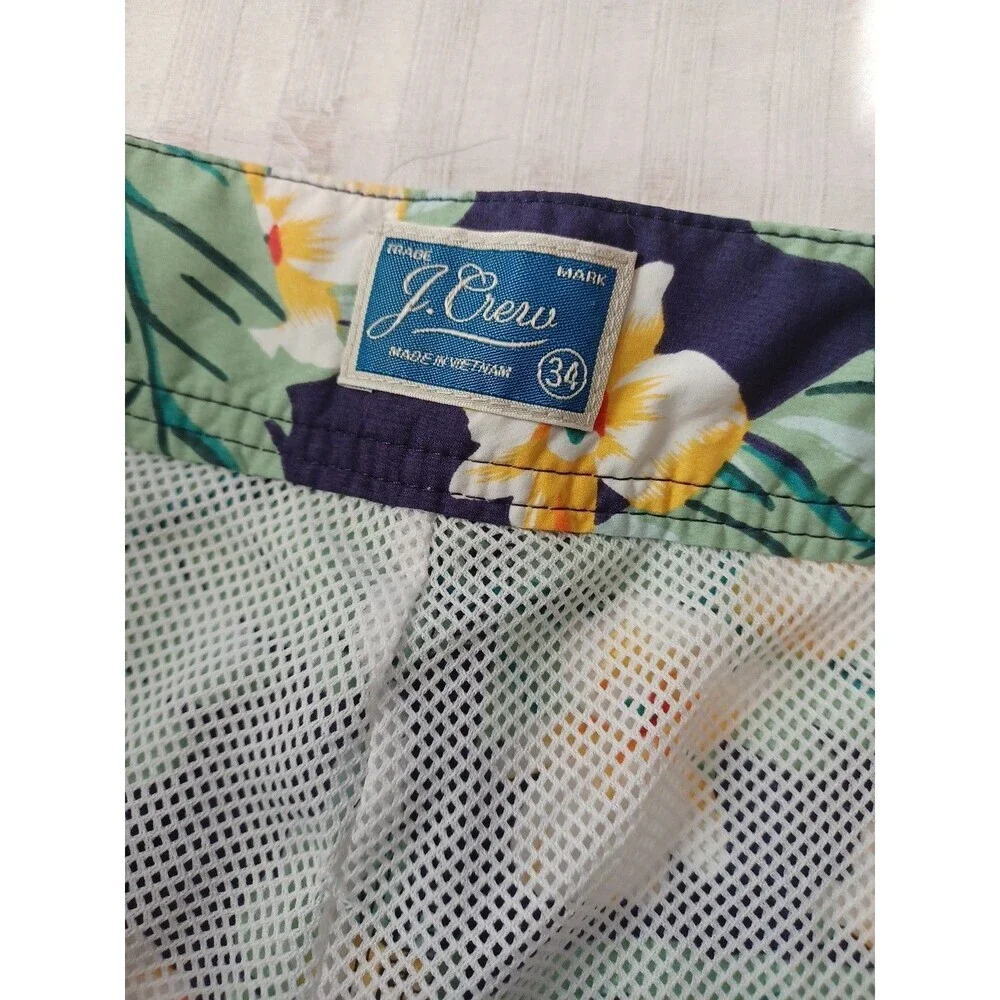 J. Crew blue floral swim trunks swim shorts mens 34 built-in brief beach tropica